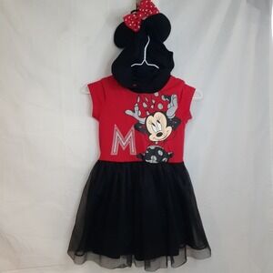 Disney Dresses Girls Size M 7/8 Minnie Mouse Hooded Tutu Dress with Bow Hair Tie